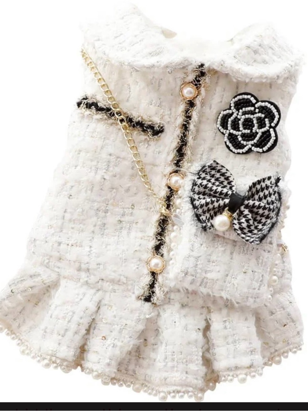 Elegant White Tweed Decorative Pet Vest with Pearl Accents